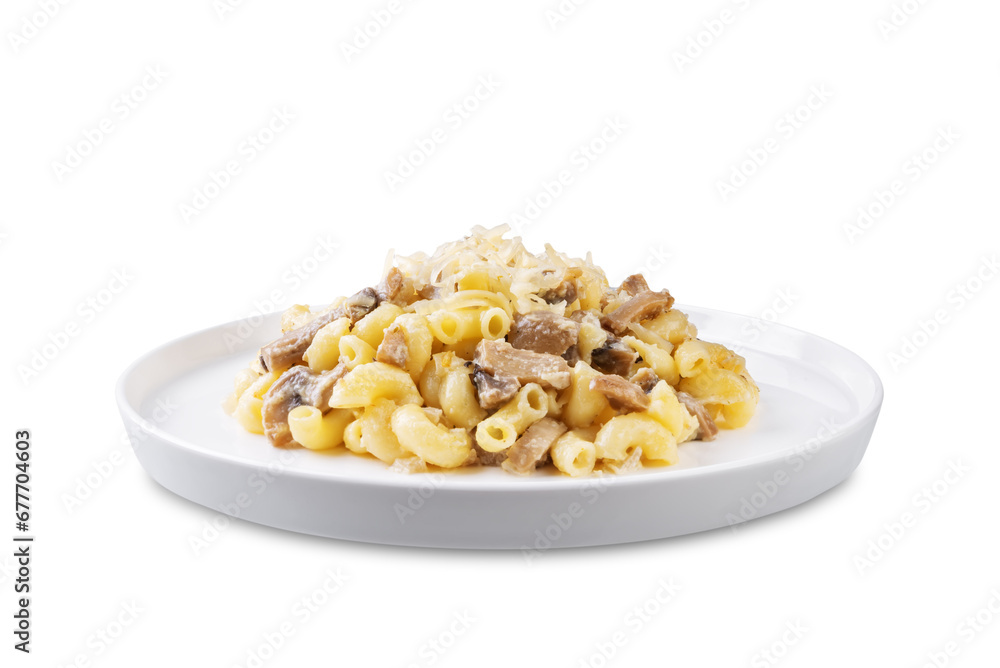 Cheese mushroom cream pasta on a white isolated background Cheese mushroom cream pasta on a white isolated background