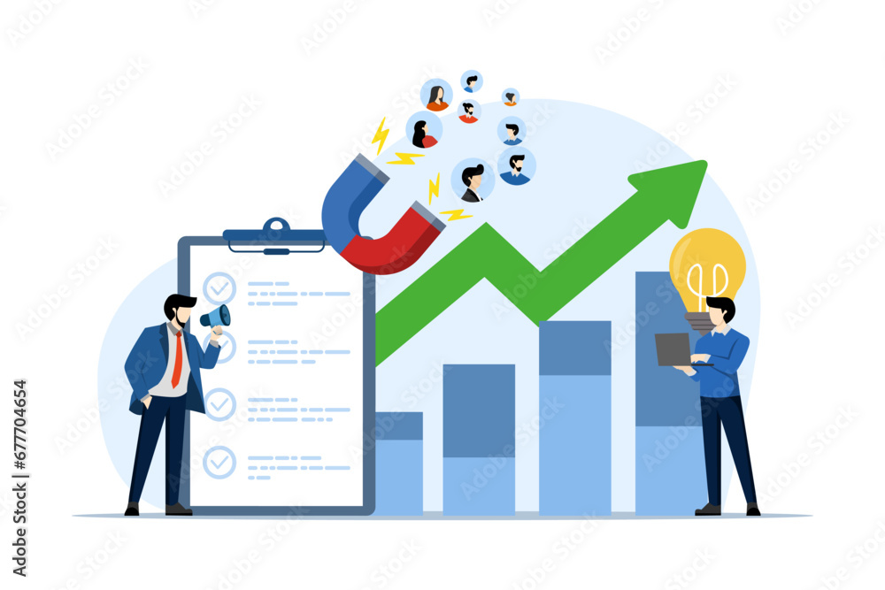 Business strategy and customer attraction concept. success in building an entrepreneurial team. customer attraction campaigns, accurate promos, advertising. sales generation. flat vector illustration. Business strategy and customer attraction concept. success in building an entrepreneurial team. customer attraction campaigns, accurate promos, advertising. sales generation. flat vector illustration.