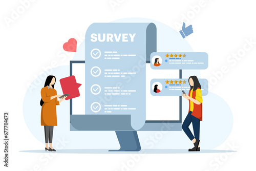 online survey concept, Customer Survey Form Filling Test, customer experience and satisfaction concept for landing page, web banner, mobile app, web design, ux. flat vector illustration.