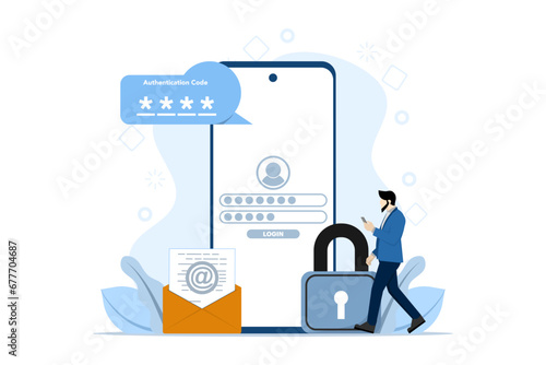 Two step verification concept, OTP, authentication password, one time password for secure website account login, login page on laptop screen. flat vector illustration on white background. photo