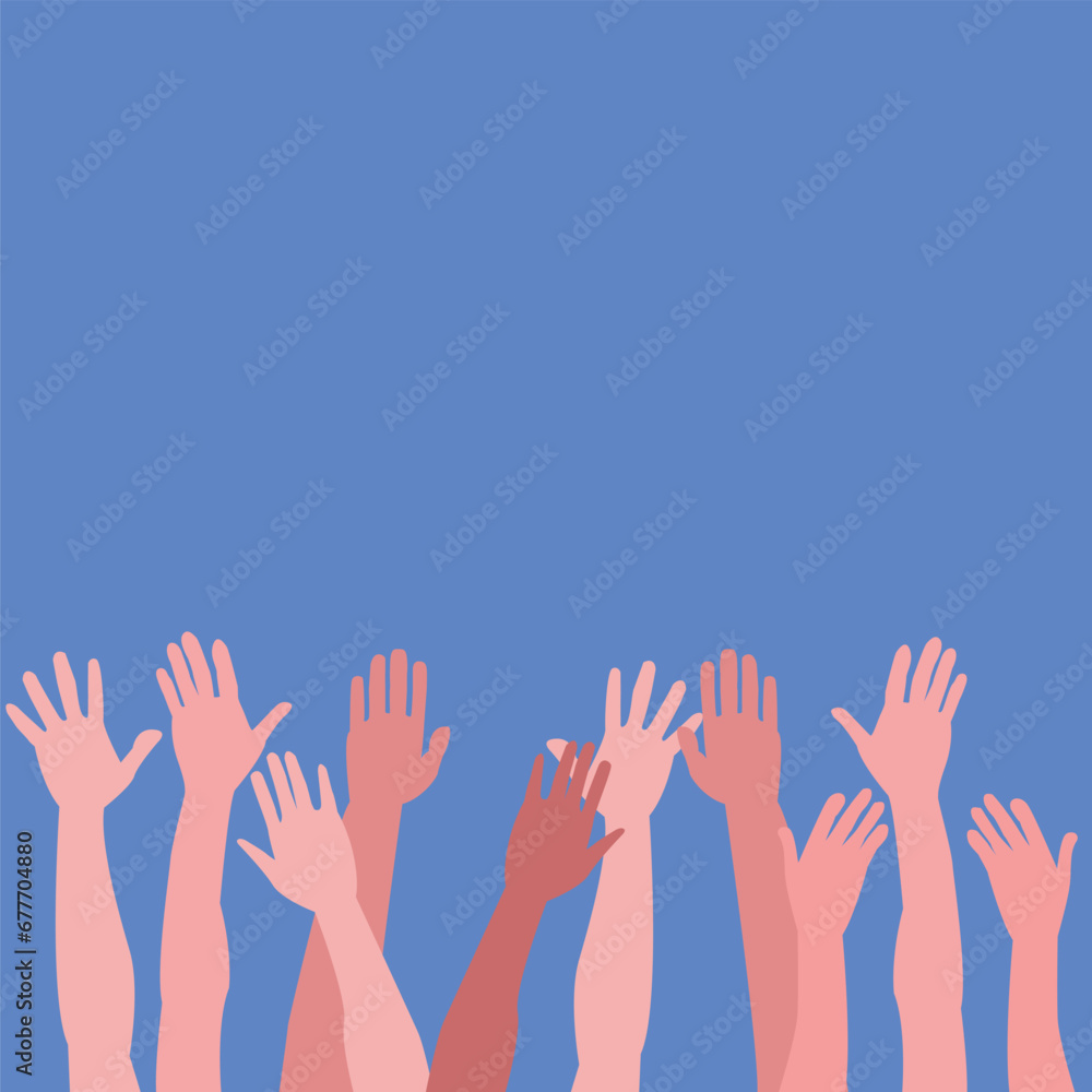 raised hands of different colors on a light blue background