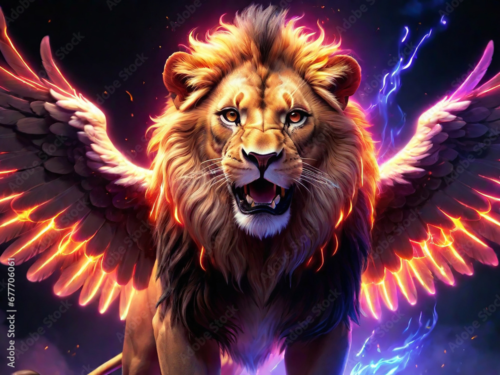  a lion with wing fire and neon light background.  Generative AI