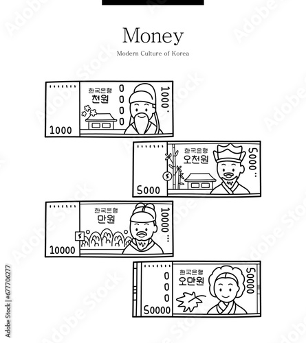 This is a Korean bill. A great Korean man is drawn. (Translation: Bank of Korea & currency unit) 