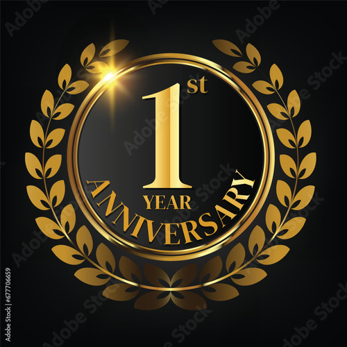 1st year golden anniversary logo,with Laurel Wreath and gold ribbon Vector Illustration