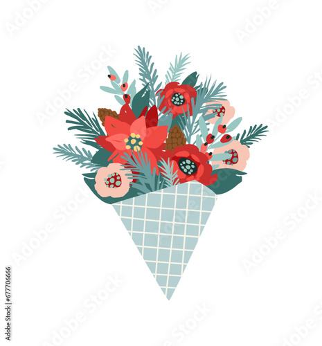 Christmas and Happy New Year isolated illustration with bouquet. Trendy retro style. Vector design