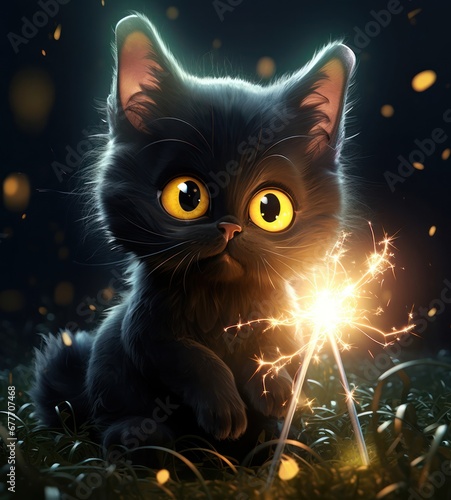 Mischievous Black Cat Embracing the Night with a Sparkling Surprise Generative AI