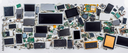 Old computers, digital tablets, mobile phones, many used electronic gadgets devices, broken household and appliances on white background. Planned obsolescence, electronic waste for recycling concept. 