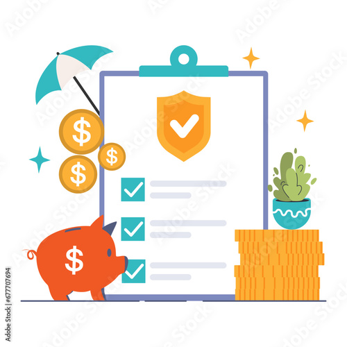 Insurance. Idea of security and protection of life and property. Healthcare and first aid. Emergencies compensation or clinic services spendings coverage. Flat vector illustration