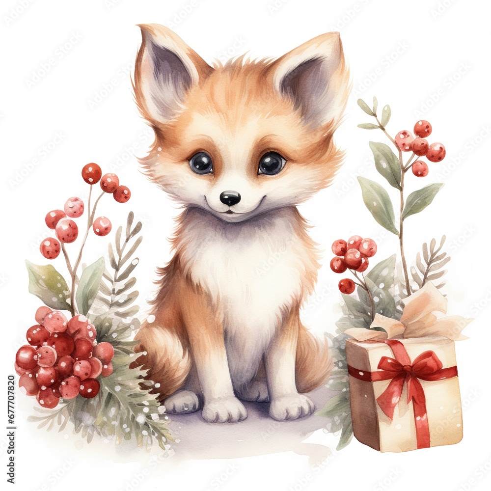 Obraz premium red fox with a christmas tree