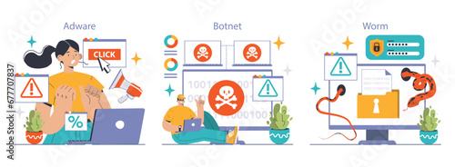 Cybersecurity set. Protecting data from threats. Users confronting various malware types: virus, ransomware, spyware. Adware dangers, botnet traps, worm intrusions. Flat vector illustration photo