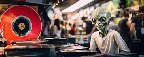 un alien dans un magasin de disque vinyles photo