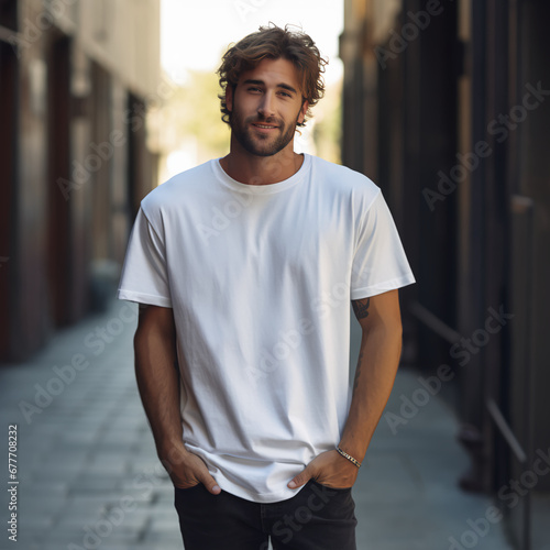 Lifestyle style photo of a male long haired Model, full  body photo, male model is wearing an oversized white T-shirt crewneck and denim