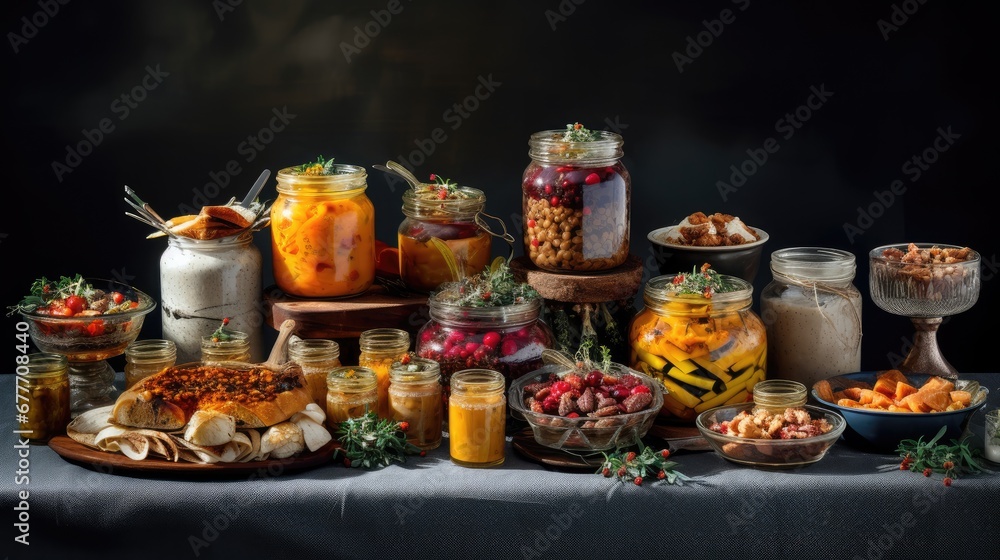  a table topped with jars filled with different types of food next to bowls of fruit and a plate of food next to a bowl of nuts and a bowl of fruit.  generative ai