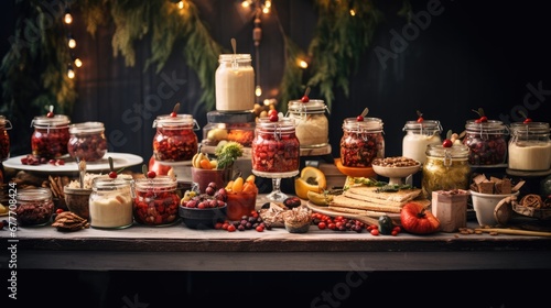  a table topped with lots of jars filled with different types of foods and condiments on top of a wooden table next to a christmas tree with lights in the background.  generative ai © Nadia