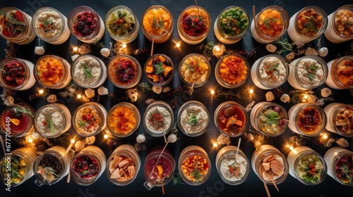  a table topped with lots of plates of food covered in toppings and a lit candle in the middle of the table next to a row of plates of food.  generative ai photo