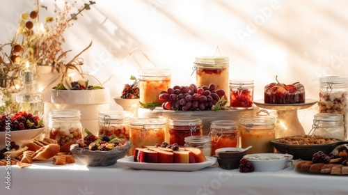  a table topped with lots of jars filled with different types of desserts and pastries on top of a white table cloth covered with a white table cloth and white table cloth.  generative ai