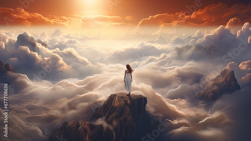  a woman standing on top of a mountain above a sea of clouds with a bright sun in the middle of the sky over which is a sea of clouds and mountains.  generative ai photo