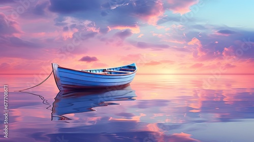  a small blue boat floating on top of a body of water under a cloudy blue sky with a pink and purple sunset in the middle of the sky above the water.  generative ai © Nadia
