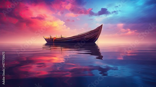  a boat floating on top of a large body of water under a purple and blue sky with a pink and purple cloud filled sky in the middle of the background. generative ai