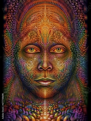 face of buddha psychedelic Hippy design, ai generated, trippy biddism photo