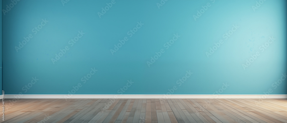 interior with an empty blue wall and wooden floor - obrazy, fototapety, plakaty 