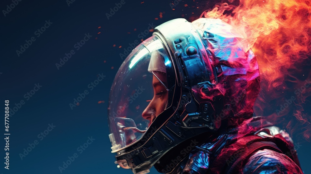 a close up of a person wearing a helmet with fire coming out of the side of the helmet and on top of the helmet is a blue background of a blue sky. generative ai a close up of a person wearing a helmet with fire coming out of the side of the helmet and on top of the helmet is a blue background of a blue sky. generative ai