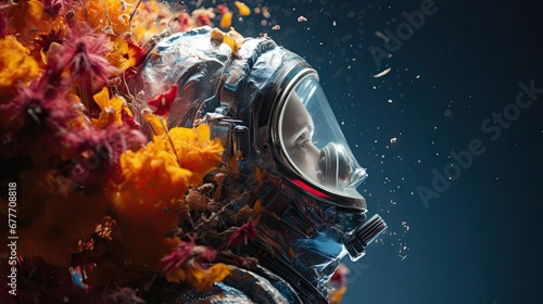  a close up of a person wearing a space suit with flowers on the side of his face and in front of a dark background with a blue sky and white background. generative ai