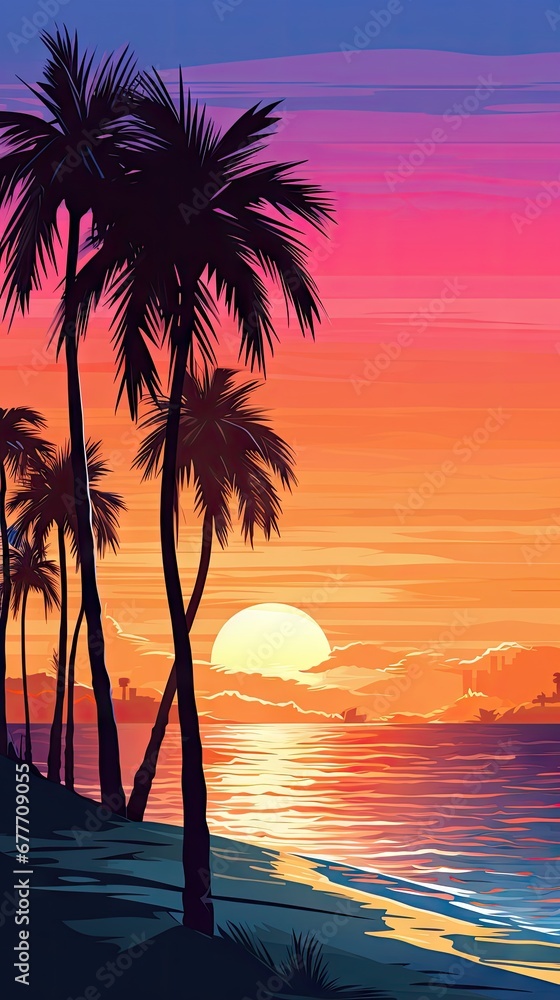  a painting of a sunset on a beach with palm trees in the foreground and a boat in the distance in the distance, with the sun setting in the distance.  generative ai