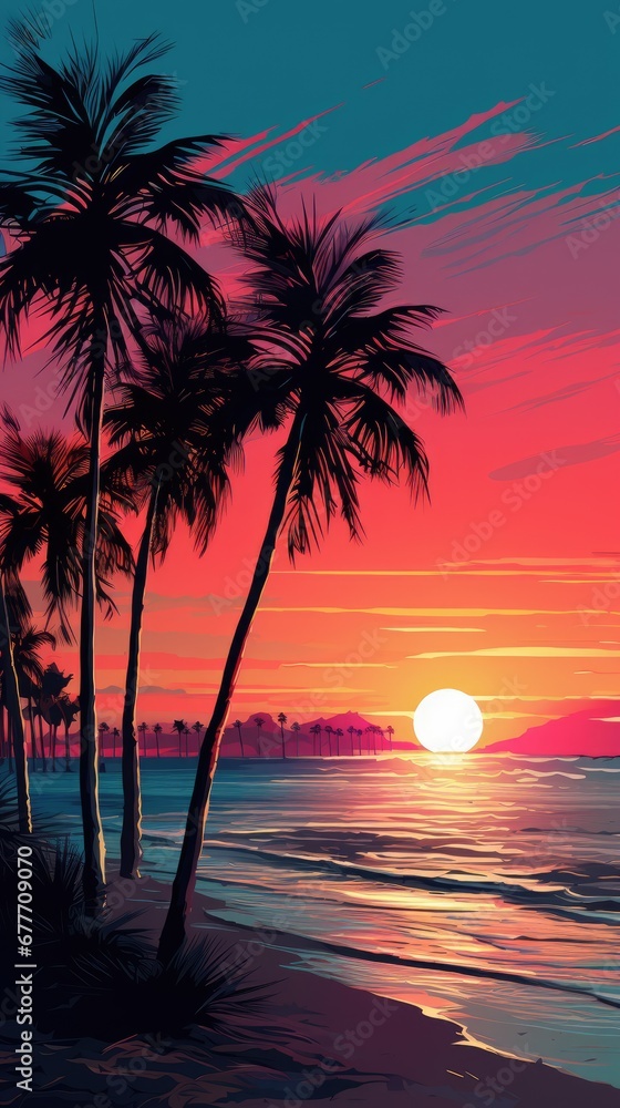  a painting of a sunset on a beach with palm trees in the foreground and the sun setting in the distance with a red and blue sky in the background.  generative ai