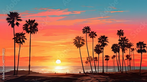 a painting of a sunset with palm trees in the foreground and a beach in the background with a person walking on the beach with a surfboard in the foreground.  generative ai © Nadia