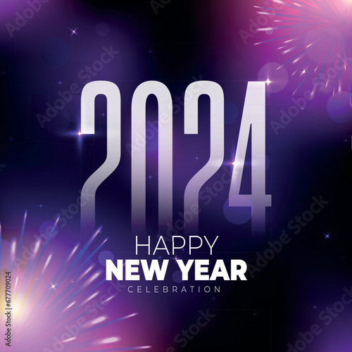Happy new year 2024 social media design with fireworks. Colorful truncated number illustrations. Premium vector design for poster, banner, greeting and new year 2024 celebration.