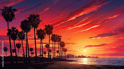  a painting of a sunset on a beach with palm trees in the foreground and a large body of water in the distance with a city skyline in the background.  generative ai