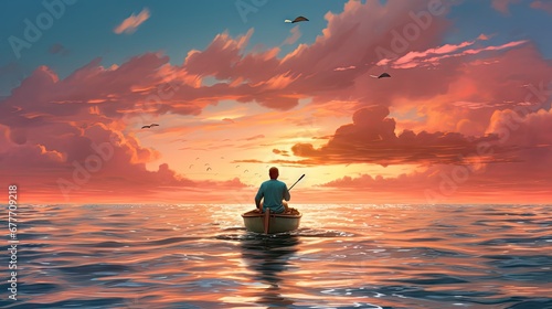  a painting of a man sitting on a boat in the middle of a large body of water with a bird flying in the sky over the water and behind him.  generative ai