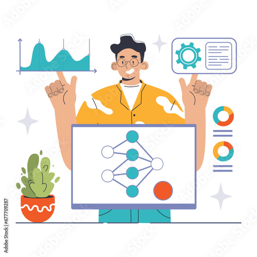 Addressing AI bias concept. Enthusiastic expert adjusts neural network model, pointing at graph and settings, ensuring machine fairness. Data variance, configuration control. Flat vector illustration