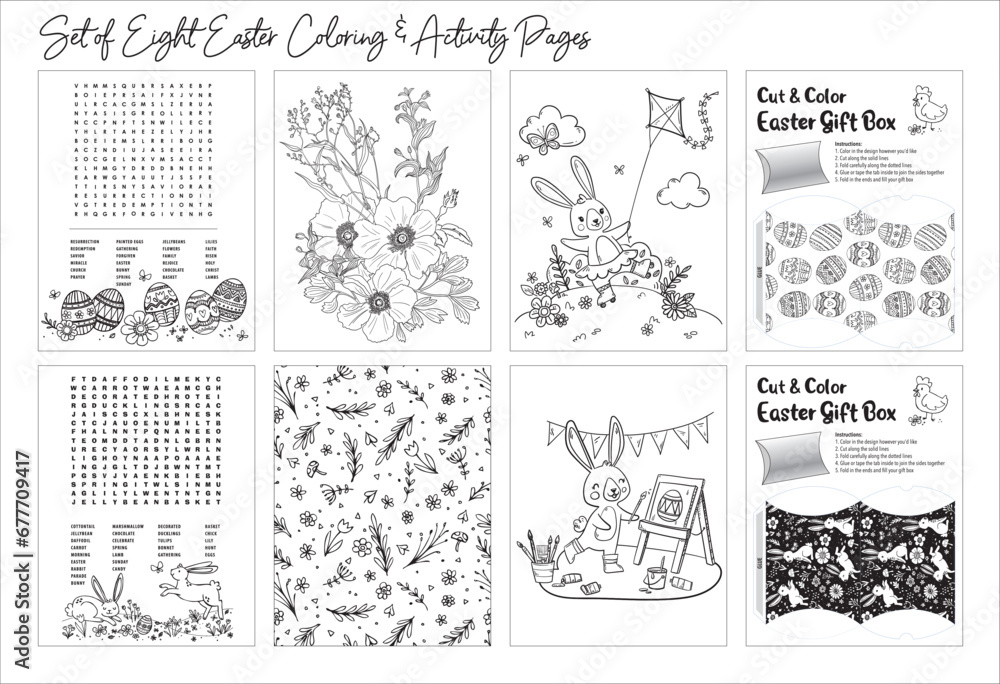 A collection of 8 original Easter and Springtime themed coloring pages. A set of 8 vector activity and coloring sheets. Perfect to print out for children. - obrazy, fototapety, plakaty 