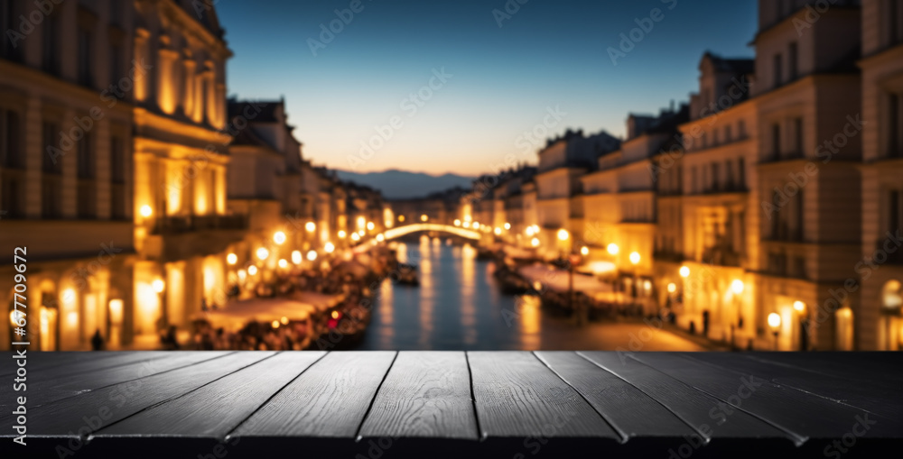 empty black wood surface with blurred historic cityscape at dusk; best for tourism marketing.