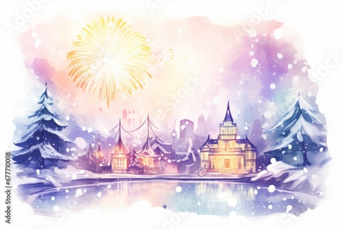 Festival with fireworks in small winter city over a lake in watercolors