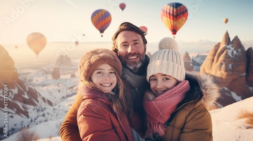 family photo in winter against sunset background