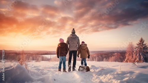 family photo in winter against sunset background
