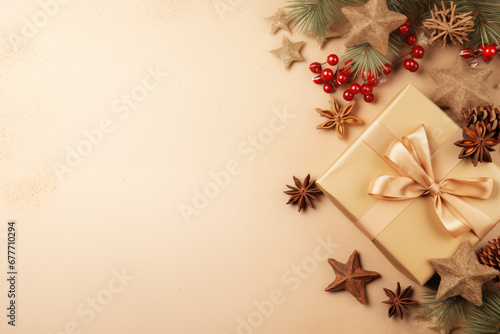 Christmas decorations on beige background