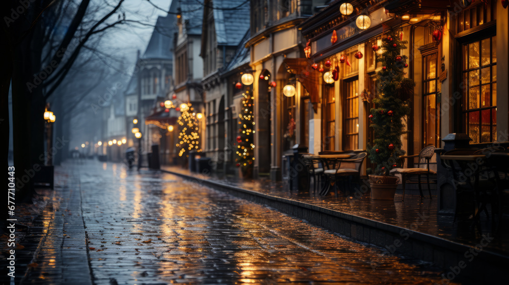Empty street in old Alsacian style after rain with some Christmas decorations along the shops with an evening lighting and a blurry background
