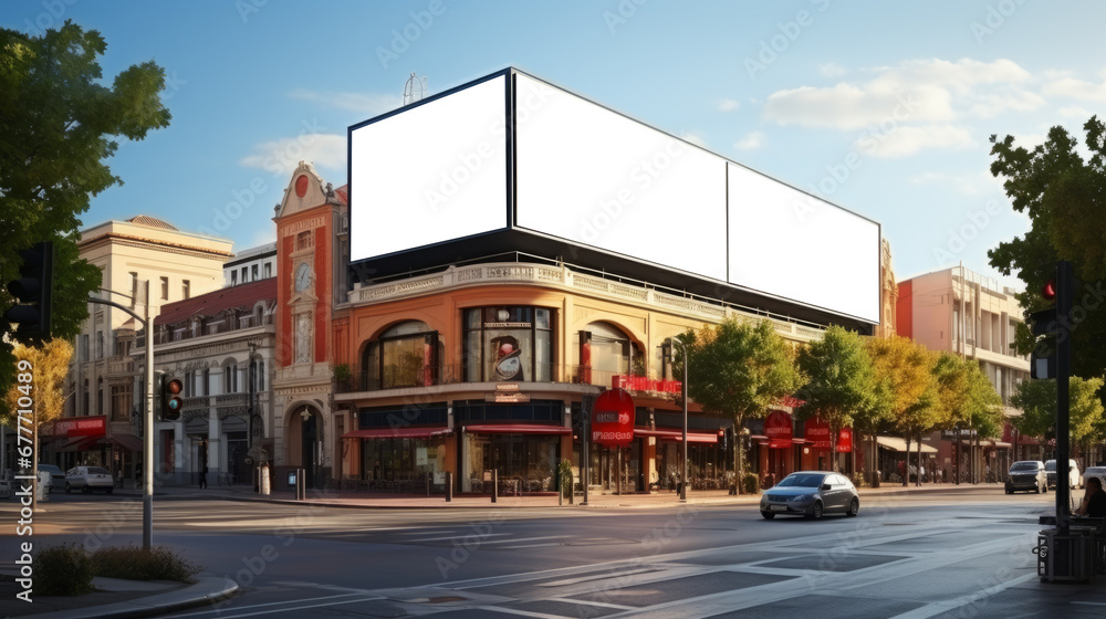 Large Corner White Billboards on top of small Buildings inside an European Street with few cars and without people on the day with blue sky Large Corner White Billboards on top of small Buildings inside an European Street with few cars and without people on the day with blue sky