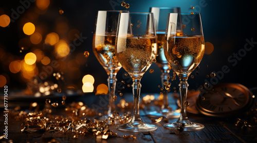 Close-up of four stemmed glasses with sparkling liquid and gold flakes with an old clock on a table in festive mood with a shiny and sparkle blurry blue and orange background