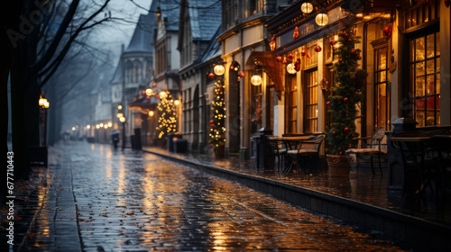 Empty street in old Alsacian style after rain with some Christmas decorations along the shops with an evening lighting and a blurry background