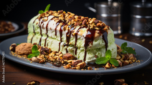 Close-up of Pistachio Yule log dessert with lots of almond pieces with melted chocolate on the top put on a ceramic tray with a blurry lunch background