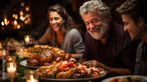 Focus on an happy white bearded grandfather with two young people around a generous dinner table with a cooked turkey and other food in a Christmas mood