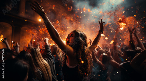 Focus on a young woman in euphoria inside a street crowd in jubilation to celebrate a very happy event with red smoke and orange sparkle in blurry background