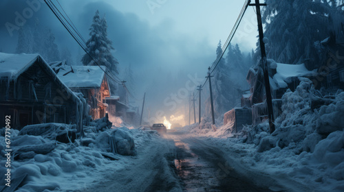 Iced and snowy deserted small town with remains and some wild fire along the empty main street with a deep fog photo