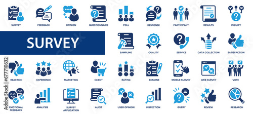 Survey flat icons set. Rewiev, feedback, research, icons and more signs. Flat icon collection.