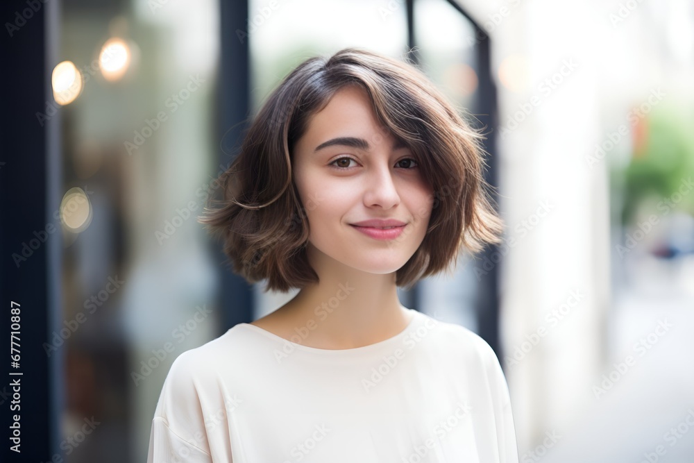 Close-Up Portrait of a Young Caucasian Fictional Brunette Woman with Short Brown Hair in a Bob Hairstyle. Beautiful Smiling Model. Generative AI.